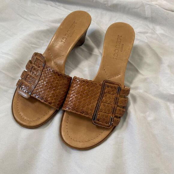 Tan Brown Braided Open Toe 90s Euro Leather Block Wedge Heels Sandals 6.5 - Picture 4 of 8